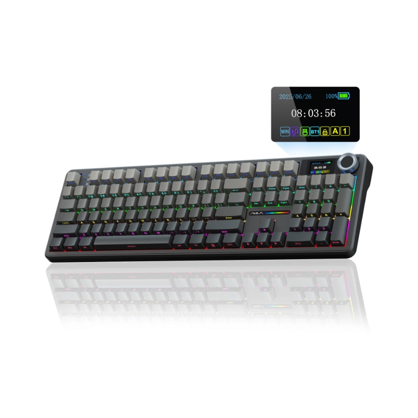 Bàn phím AULA F108 Pro full-size màu đen có màn hình màu và núm xoay