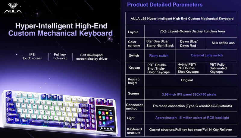 AULA L99 Hyper-Intelligent High-End Custom Mechanical Keyboard מקלדת גיימינג מכאנית אלחוטית עם מסך L99 מבית AULA
